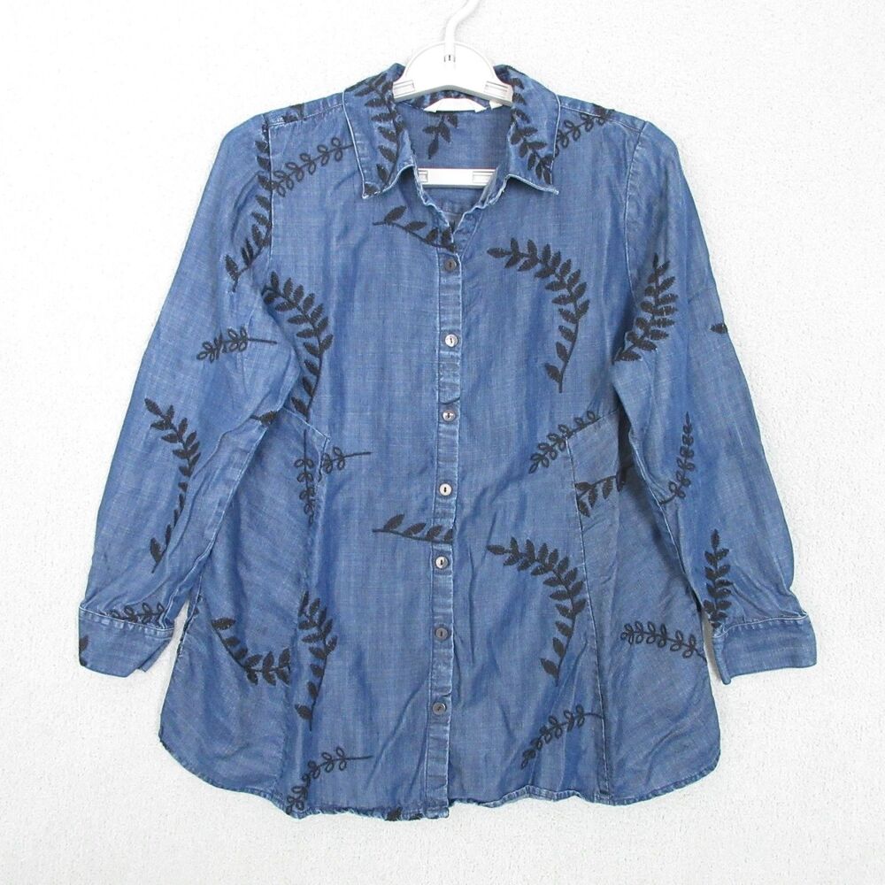 Soft Surroundings Shirt Womens PS Denim Embroidered Button Front Tunic Blue